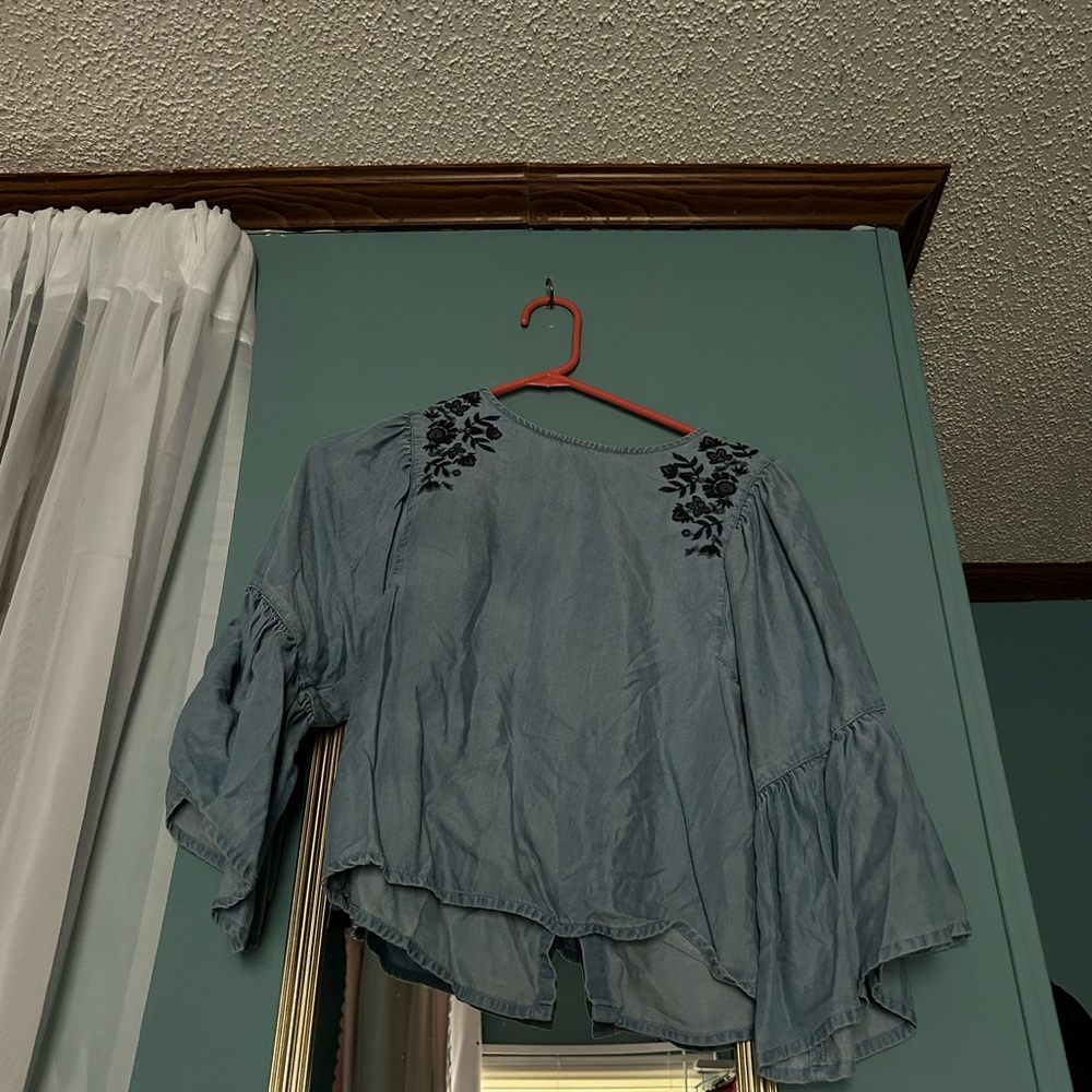 Hollister Blue Flutter Sleeve Blouse with Ruffled Asymmetrical Design
